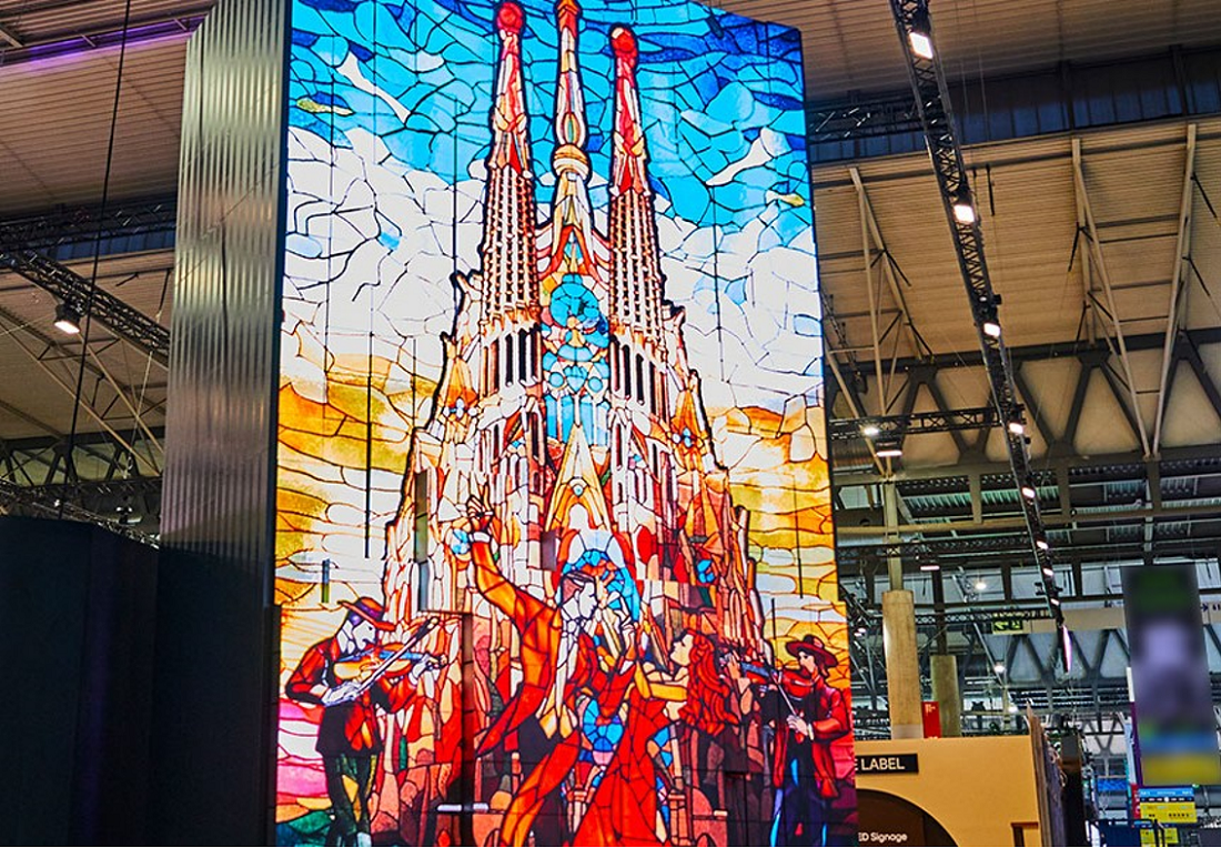 A picture of the kinetic LED signage displaying artwork