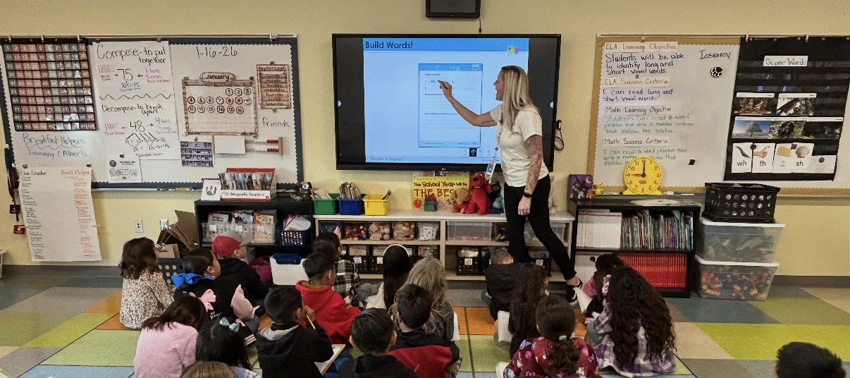 LG Powers interactive learning environment at Rose Salgado Elementary School — students engaged in classroom activities using digital boards and educational tools in a modern K-5 campus