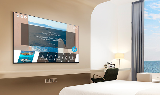An LG commercial TV is installed in a cruise ship cabin.
