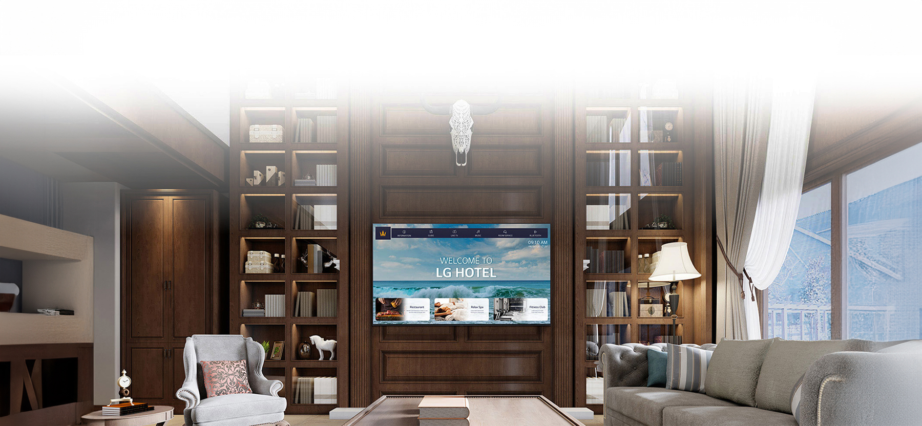 A luxury hotel room features a central TV equipped with LG Pro:Centric, displaying a welcome message to guests.